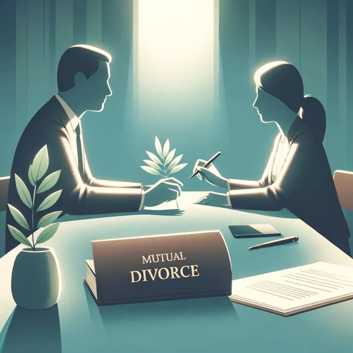 Mutual Divorce - A peaceful, amicable scene between two individuals, suggesting a cooperative approach to mutual divorce. The image should depict two people sitting to