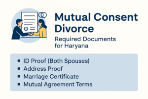 11Infographic showing Mutual Consent Divorce required documents for Haryana including ID proof, address proof, marriage certificate, and mutual agreement terms. Clean blue and white design with couple shaking hands illustration