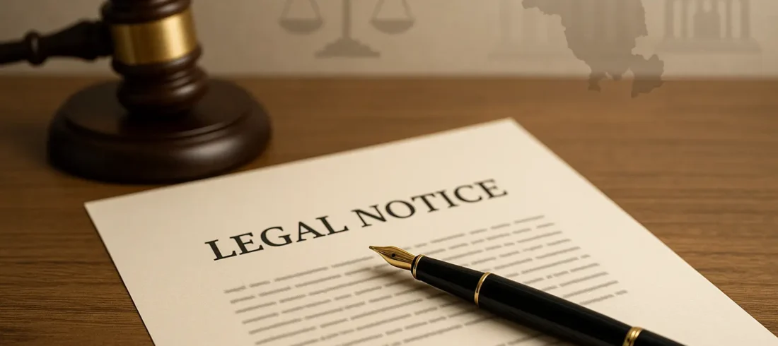 Drafting a legal notice in Haryana: Step-by-step guide with legal document, pen, and Haryana High Court backdrop.