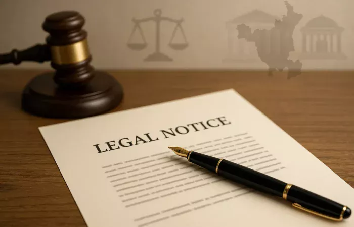 11Drafting a legal notice in Haryana: Step-by-step guide with legal document, pen, and Haryana High Court backdrop.