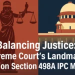 Illustration showing Lady Justice on the left and the Indian Supreme Court building on the right, with the title 'Balancing Justice: Supreme Court’s Landmark Move on Section 498A IPC Misuse' in bold text.