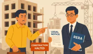 11A frustrated Indian homebuyer standing in front of an unfinished building, pointing toward it, while a lawyer shows a RERA complaint document