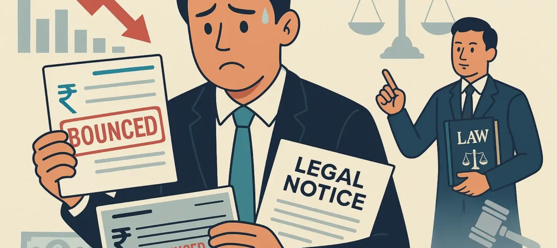 Cheque Bounce After Recession_ How to Send Legal Notice and File Case An Indian businessman holding a bounced cheque and legal notice, with a lawyer beside him offering legal advice, symbolizing cheque bounce recovery after recession.