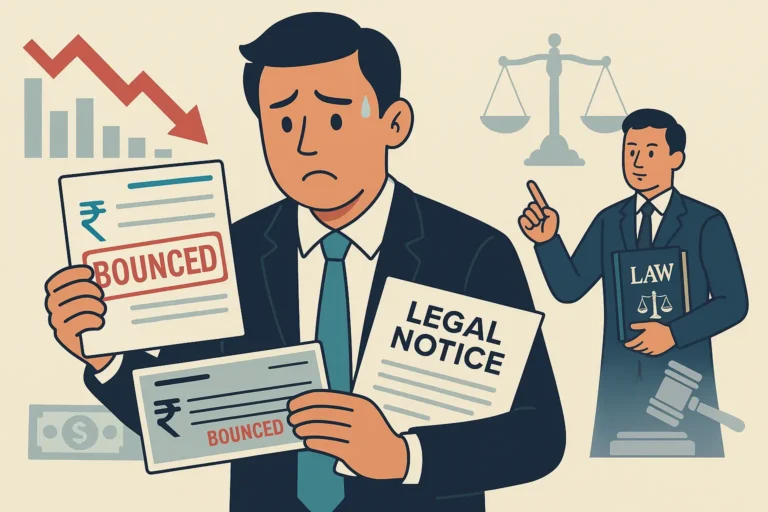 11An Indian businessman holding a bounced cheque and legal notice, with a lawyer beside him offering legal advice, symbolizing cheque bounce recovery after recession.