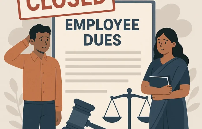 11Illustration of employees standing before a CLOSED sign and legal document titled 'Employee Dues,' symbolizing legal options after company shutdown in India