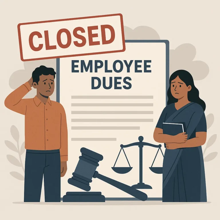 11Illustration of employees standing before a CLOSED sign and legal document titled 'Employee Dues,' symbolizing legal options after company shutdown in India