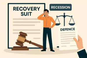 11Illustration of man worried about a recovery suit after recession, with court symbols and a defence document in hand