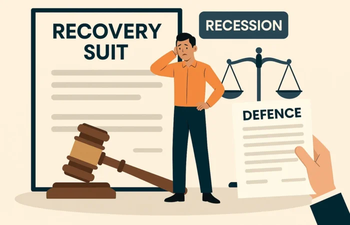 11Illustration of man worried about a recovery suit after recession, with court symbols and a defence document in hand