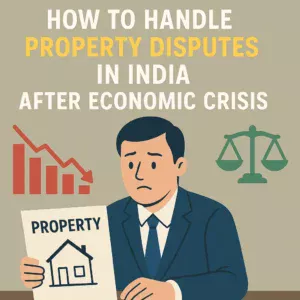 11Worried man holding property document with red recession graph and green justice scale, symbolizing legal action for land disputes post-economic crisis.