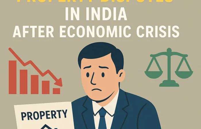 11Worried man holding property document with red recession graph and green justice scale, symbolizing legal action for land disputes post-economic crisis.