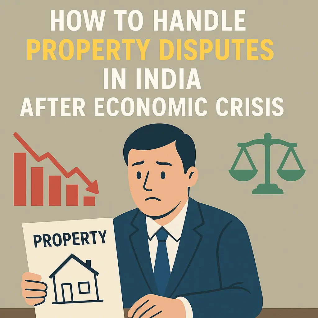 11Worried man holding property document with red recession graph and green justice scale, symbolizing legal action for land disputes post-economic crisis.