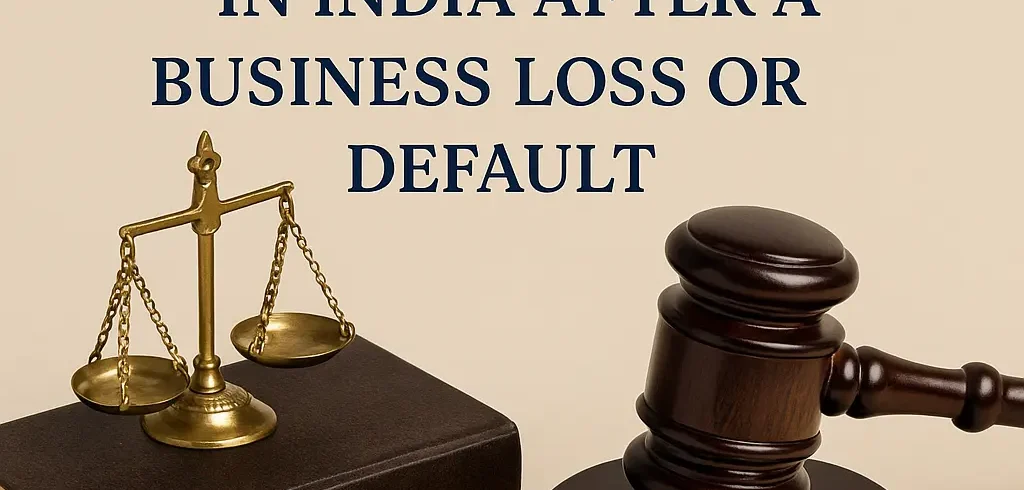 A worried Indian businessman reviewing legal documents with justice scales and rupee symbols in the background, symbolizing legal money recovery after business loss