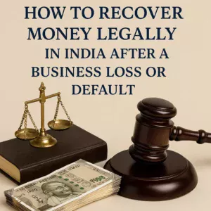 11A worried Indian businessman reviewing legal documents with justice scales and rupee symbols in the background, symbolizing legal money recovery after business loss