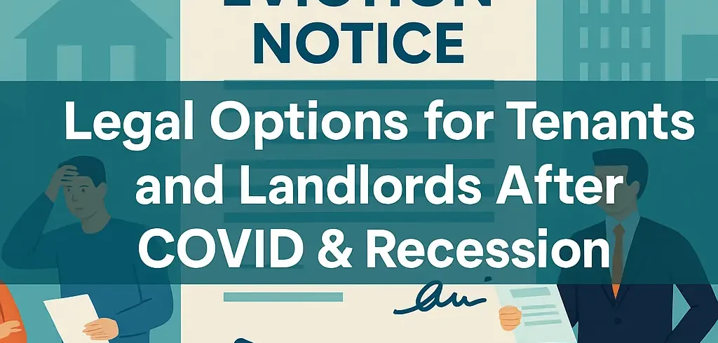 Legal Options for Tenants and Landlords After COVID & Recession Illustration of tenant and landlord standing near eviction notice document, symbolizing legal options after COVID and recession in India