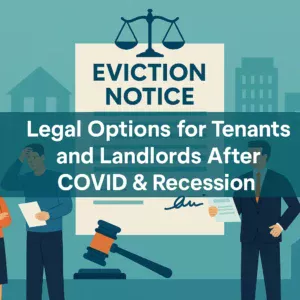 11Illustration of tenant and landlord standing near eviction notice document, symbolizing legal options after COVID and recession in India