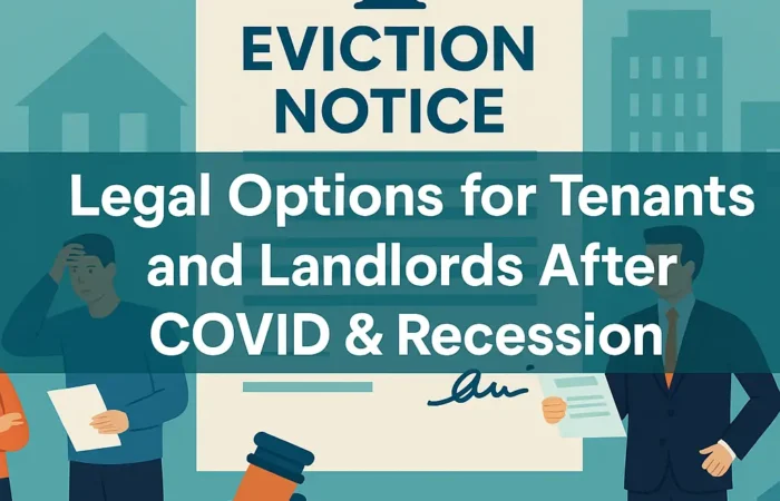 11Illustration of tenant and landlord standing near eviction notice document, symbolizing legal options after COVID and recession in India