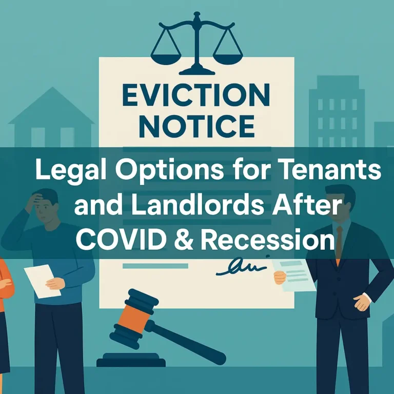 11Illustration of tenant and landlord standing near eviction notice document, symbolizing legal options after COVID and recession in India