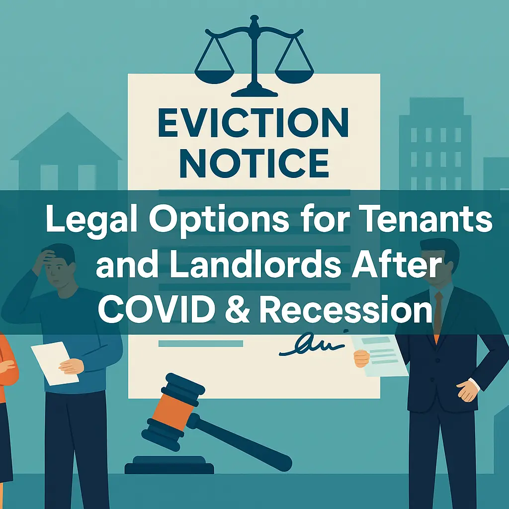 11Illustration of tenant and landlord standing near eviction notice document, symbolizing legal options after COVID and recession in India