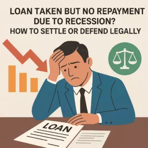 11Man worried over unpaid loan due to recession, holding head in frustration beside documents marked "LOAN", with falling graph and justice scale icon in background