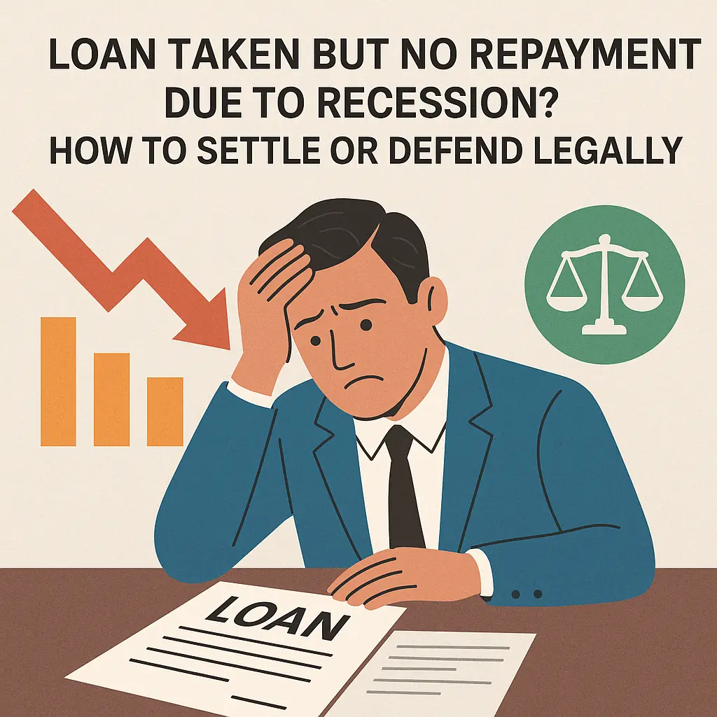 11Man worried over unpaid loan due to recession, holding head in frustration beside documents marked "LOAN", with falling graph and justice scale icon in background