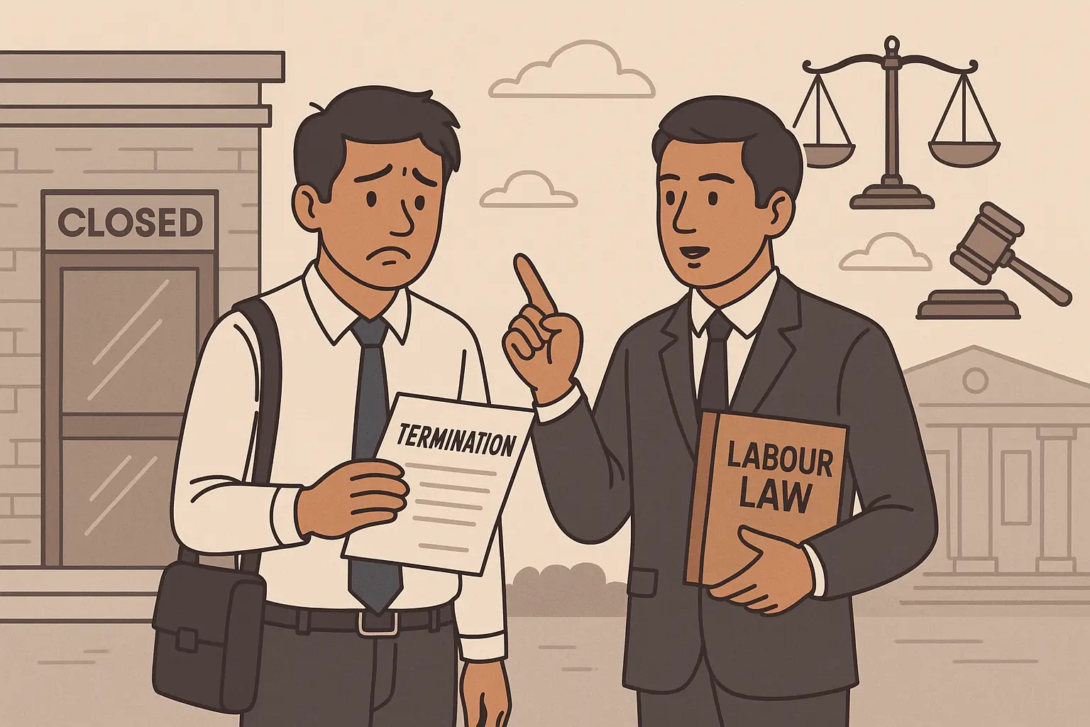 11A laid-off Indian employee holding a termination letter while standing beside a legal advocate holding a labor law book, symbolizing wrongful dismissal challenge