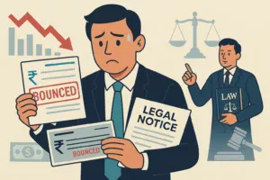 Cheque Bounce After Recession_ How to Send Legal Notice and File Case 11An Indian businessman holding a bounced cheque and legal notice, with a lawyer beside him offering legal advice, symbolizing cheque bounce recovery after recession.