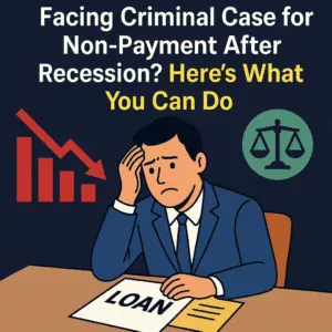 Facing Criminal Case for Non-Payment After Recession? Here’s What You Can Do 11Stressed businessman at desk with "LOAN" document, economic decline graph, and justice scale symbol, representing legal trouble after recession.