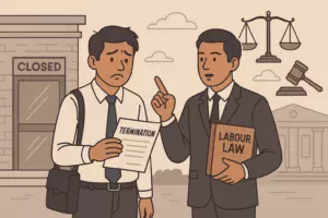 Lost Your Job During Recession? Here’s How to Challenge Illegal Termination 11A laid-off Indian employee holding a termination letter while standing beside a legal advocate holding a labor law book, symbolizing wrongful dismissal challenge
