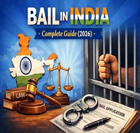 11Bail in India Complete Guide 2026 featured image with judge gavel, law books, scales of justice, India map, jail bars, handcuffs and bail application