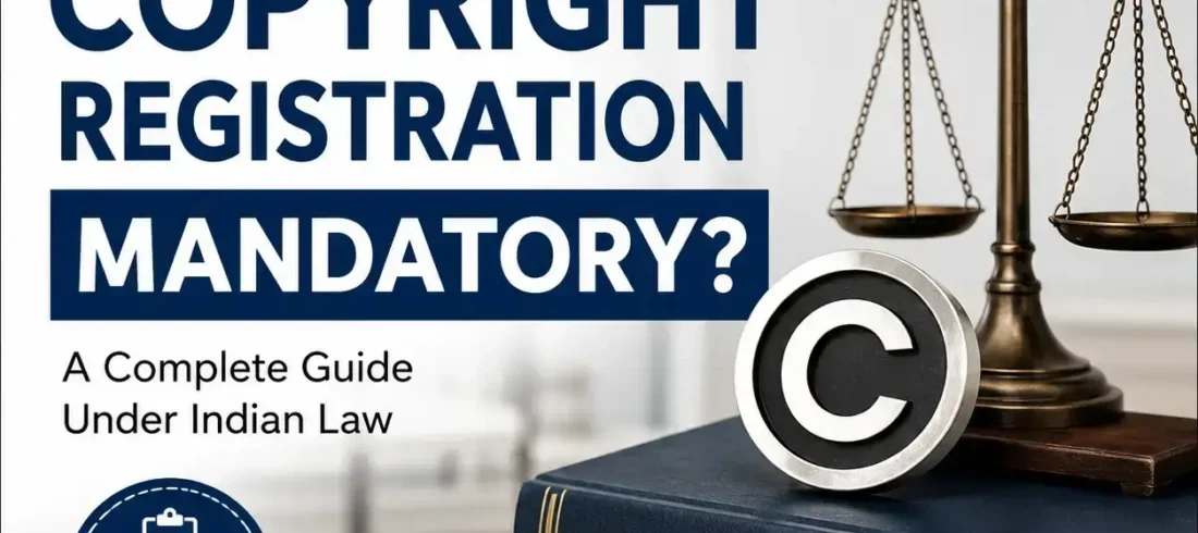 Illustration showing copyright registration documents, copyright symbol, and scales of justice representing whether copyright registration is mandatory under Indian law.