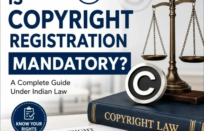 Illustration showing copyright registration documents, copyright symbol, and scales of justice representing whether copyright registration is mandatory under Indian law.