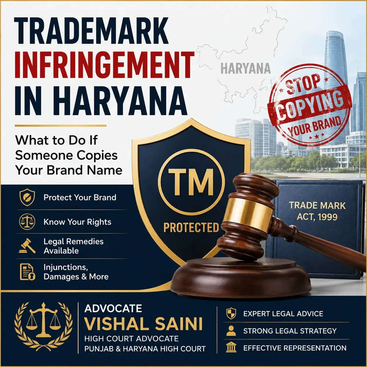 Trademark infringement in Haryana showing TM protection shield, judge's gavel, Trade Marks Act, 1999, and brand name protection guide by Advocate Vishal Saini.